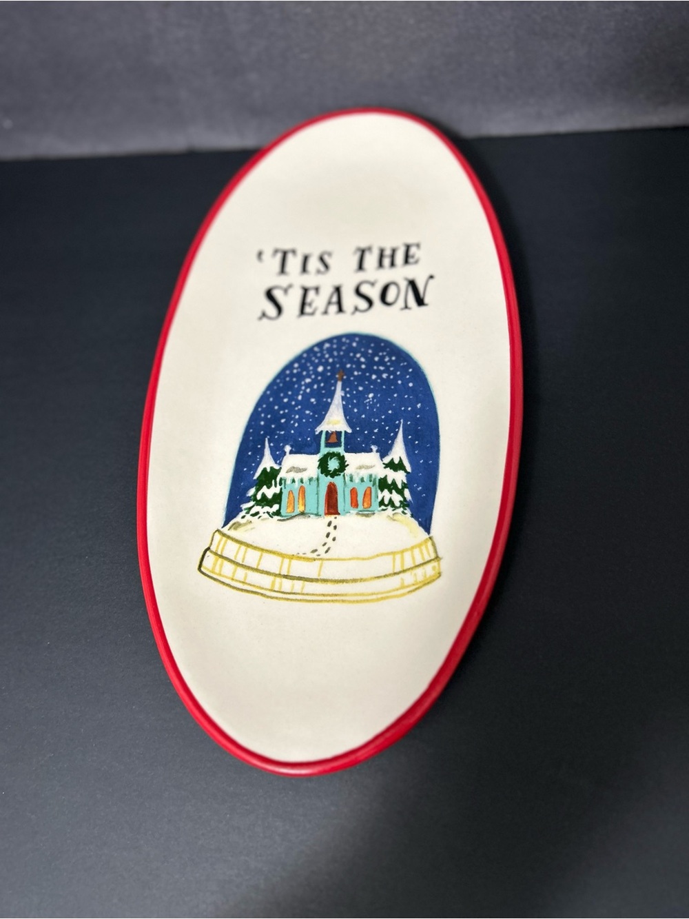 Magenta Oval Holiday Serving Platter with Red Trim and Winter Scene